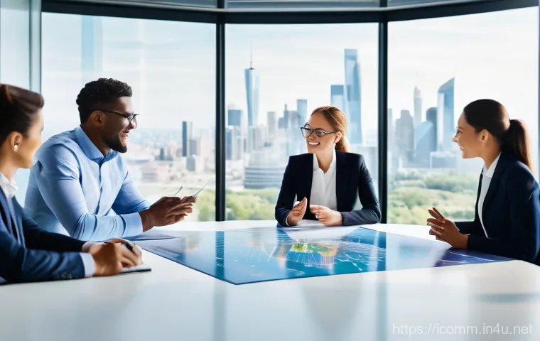 국제커뮤니케이션 관련 연수 프로그램 - **Image Prompt 1: Global Business Collaboration**
A diverse group of five professionals, dressed...