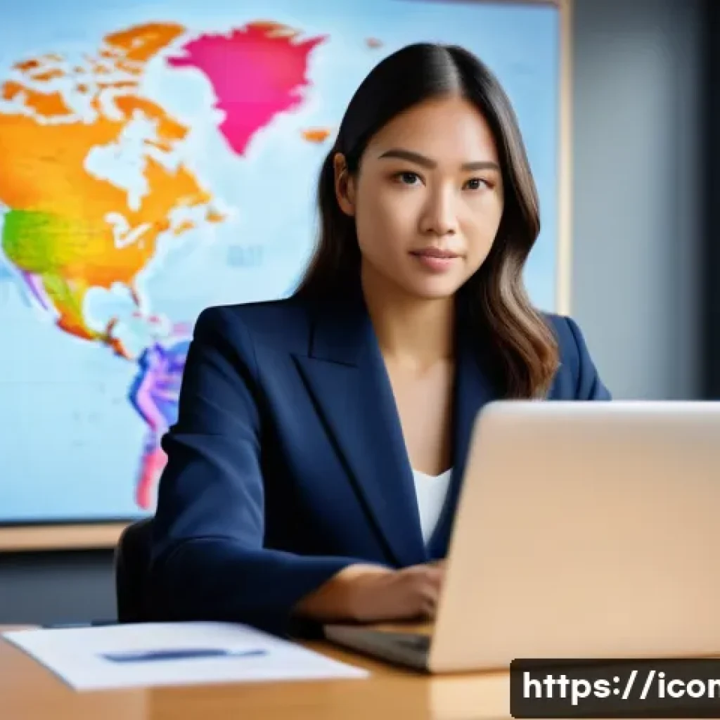 국제커뮤니케이션 취업 인터뷰 준비 - A confident young professional woman, dressed in a sharp navy business suit, is seated at a modern d...