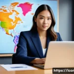 국제커뮤니케이션 취업 인터뷰 준비 - A confident young professional woman, dressed in a sharp navy business suit, is seated at a modern d...