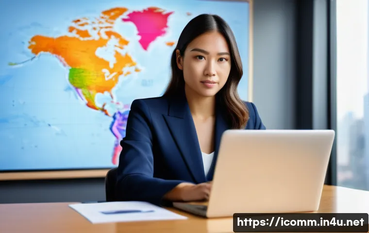 국제커뮤니케이션 취업 인터뷰 준비 - A confident young professional woman, dressed in a sharp navy business suit, is seated at a modern d...